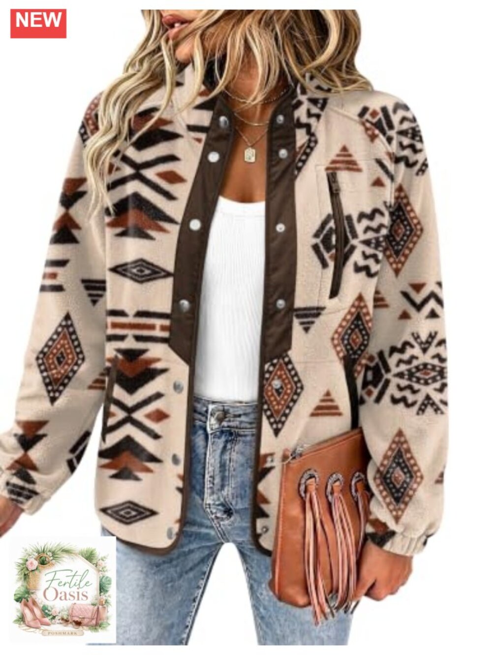 Women's Fleece Snap Button Jacket Western Aztec Print Quilted